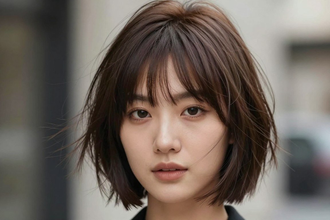 Choppy bob hairstyle with wispy textured bangs perfect for fine hair volume
