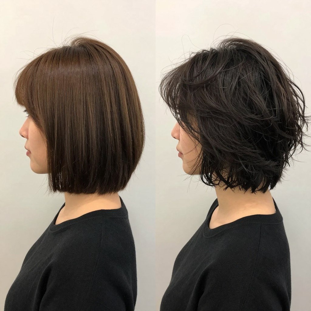 Choppy bob styled two ways showing daytime polished look and evening tousled texture