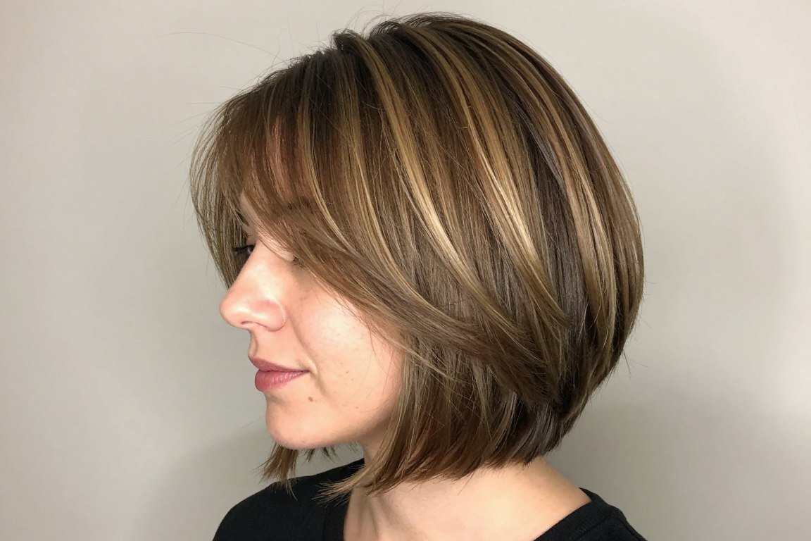 Choppy bob with balayage highlights adding natural-looking dimension to fine hair