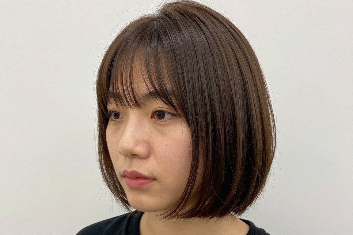 Choppy bob with curtain bangs parted in the middle creating a modern textured look for fine hair