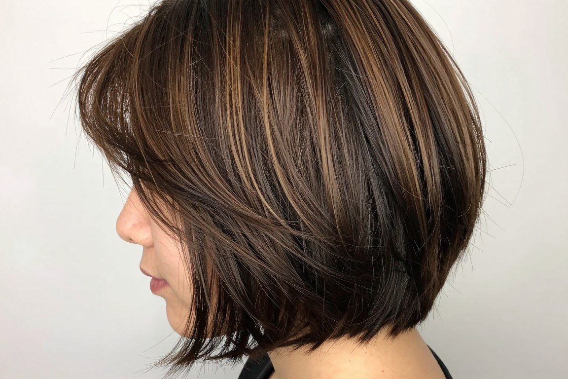 Choppy bob with lowlights creating shadow and depth for fine hair volume