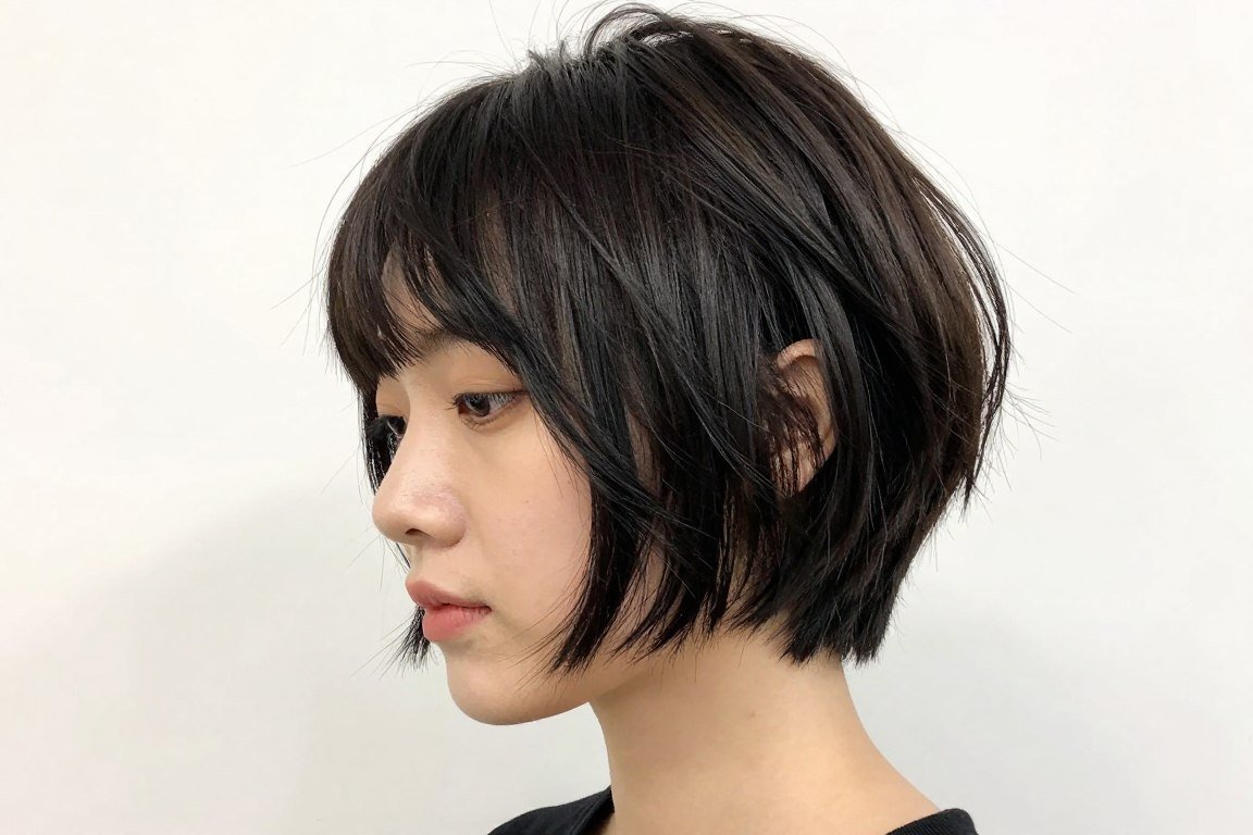 Choppy crop bob with short textured layers creating bold volume for fine hair