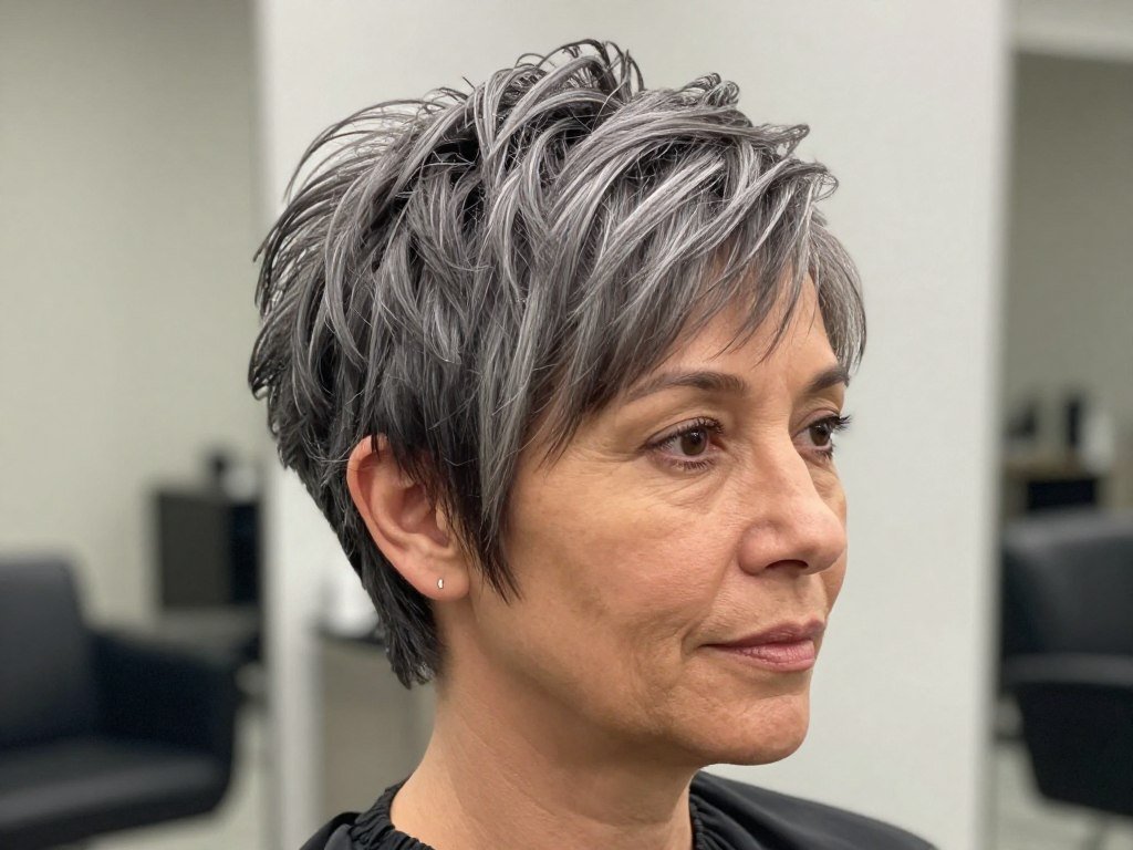 Choppy layered pixie cut in gray hair showing textured edges
