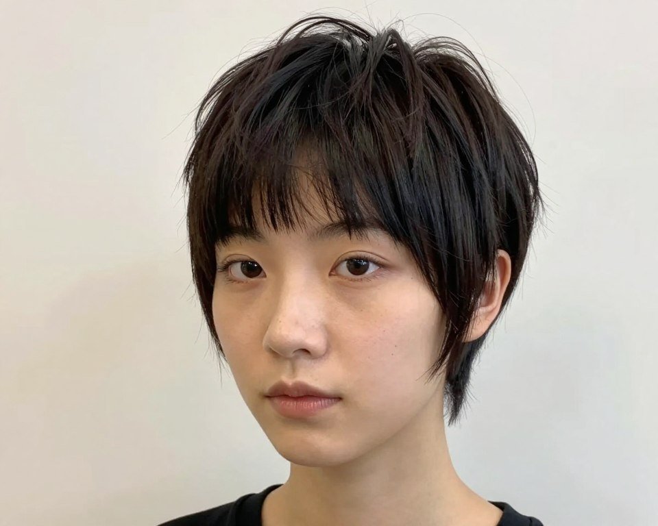 Choppy pixie with side-swept bangs for thin hair