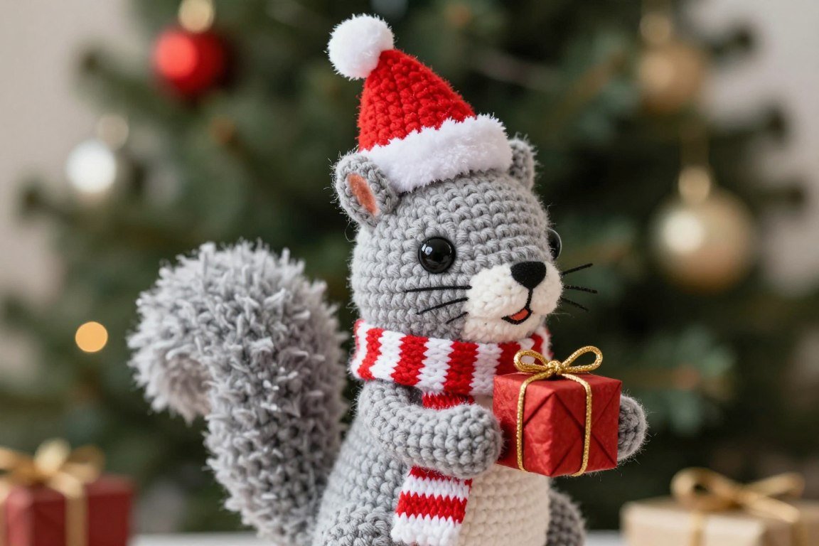 Christmas crochet squirrel with santa hat and scarf