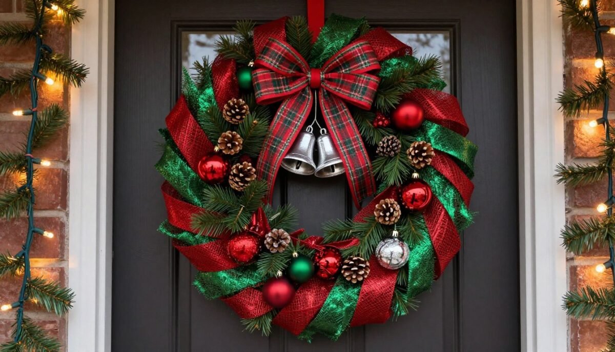Christmas deco mesh wreath with red and green colors