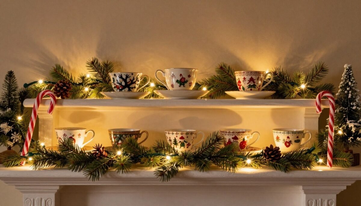 Christmas themed tea cup display with holiday decorations Christmas themed tea cup display with holiday decorations