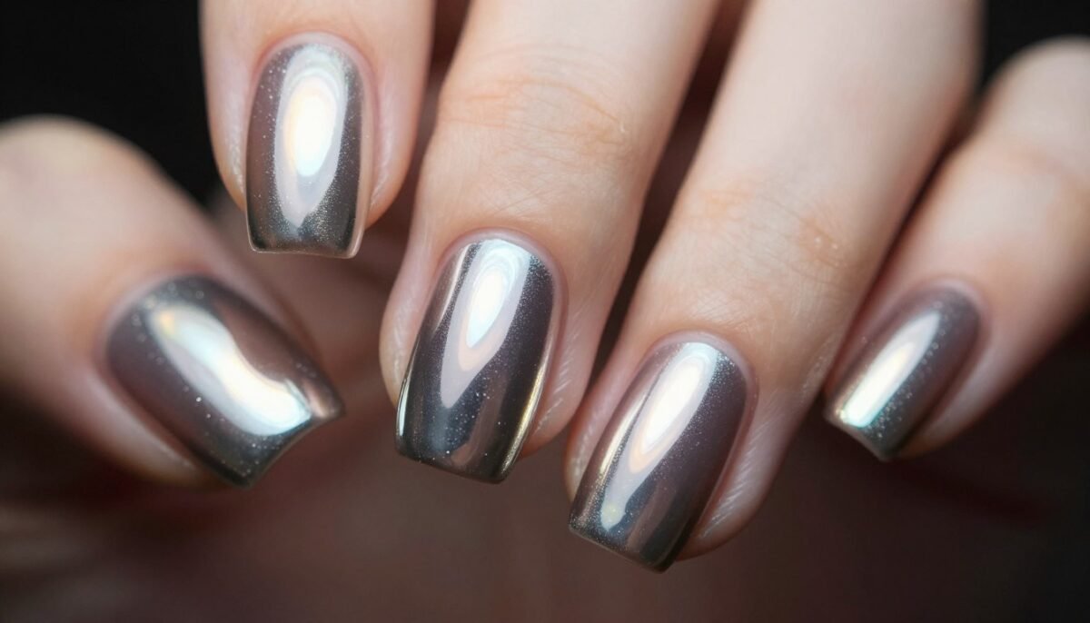 Chrome French tip almond nails with mirror finish Chrome French tip almond nails with mirror finish