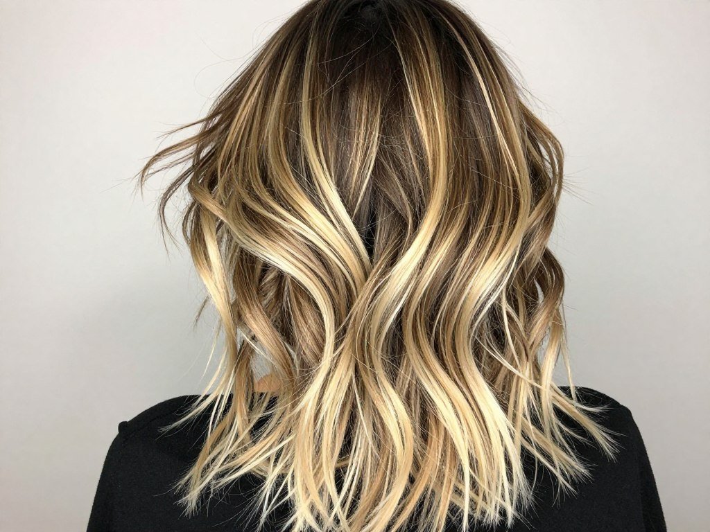 Chunky blonde balayage on dark brown hair with bold contrast