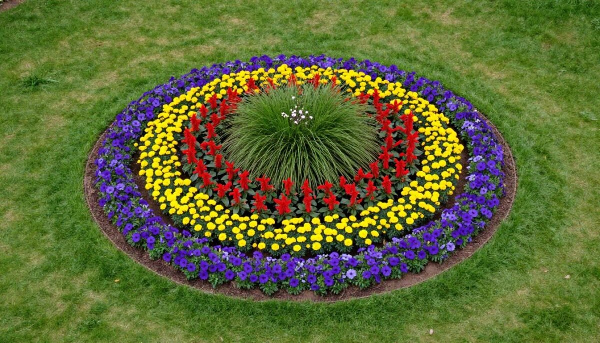 Circular island flower bed in center of lawn