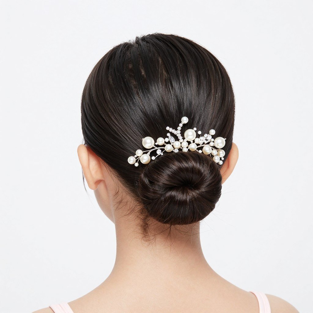 Classic ballet bun hairstyle for flower girl with decorative hairpiece
