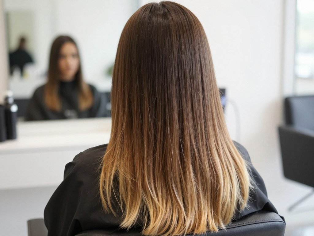 Classic brown to blonde balayage on long dark hair showing natural transition