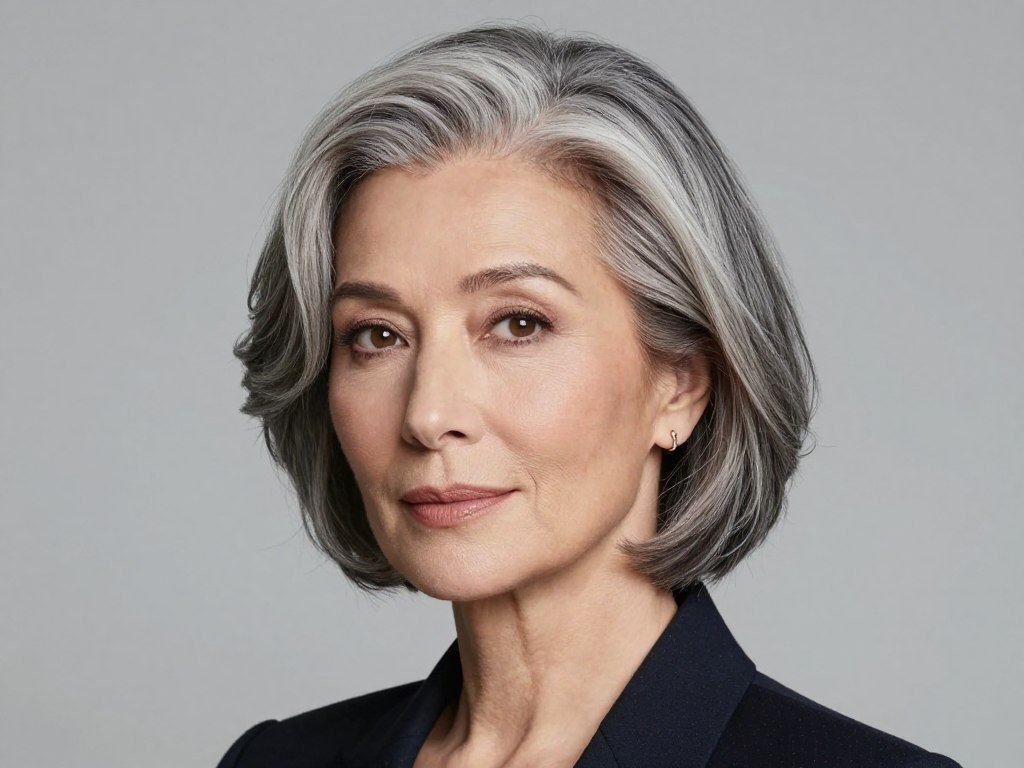 Classic gray bob with side part showing elegant styling