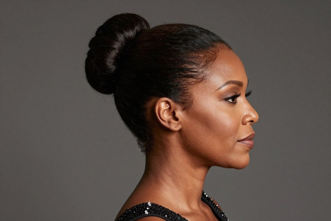 Classic high bun hairstyle on older Black woman for formal events