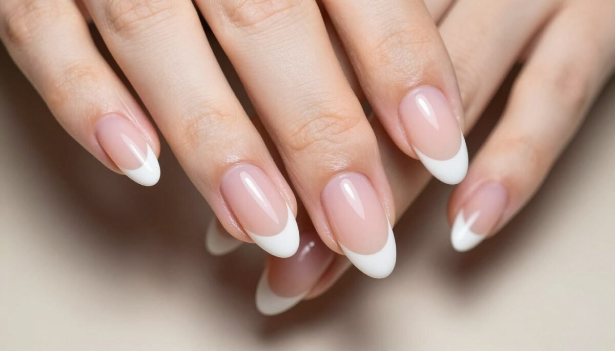 Classic white French tip almond nails on natural nail beds Classic white French tip almond nails on natural nail beds