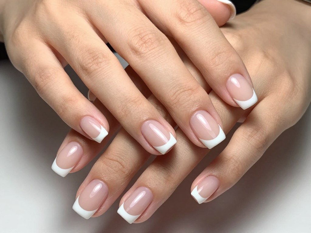 Classic white French tip manicure on short natural nails
