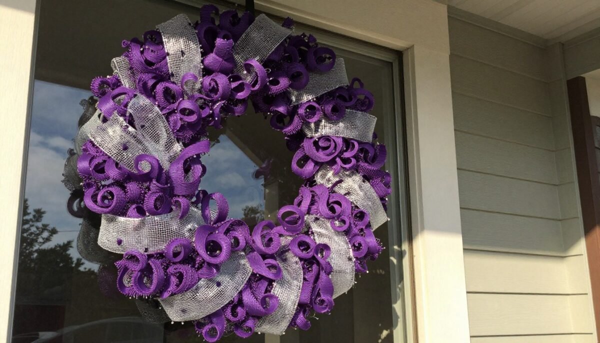 Clean curly deco mesh wreath displayed on covered porch