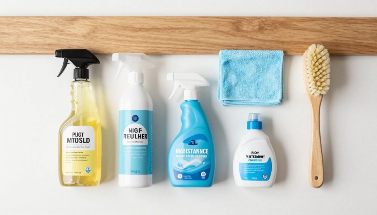 Cleaning and maintenance supplies for DIY headboard care including wood polish, fabric cleaner, and microfiber cloths