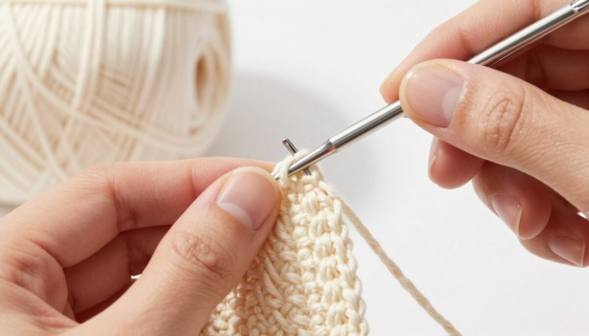 Close-up demonstration of inserting crochet hook into back loop only