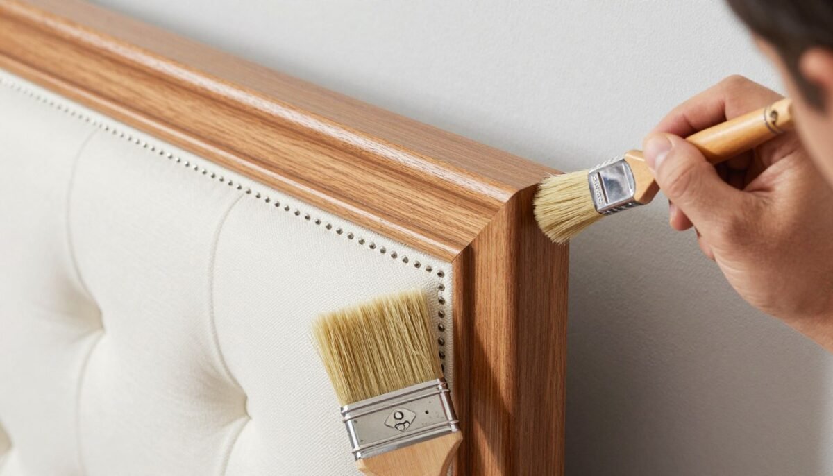 Close-up detail shots showing finishing techniques including wood staining, upholstery nailing, and trim installation