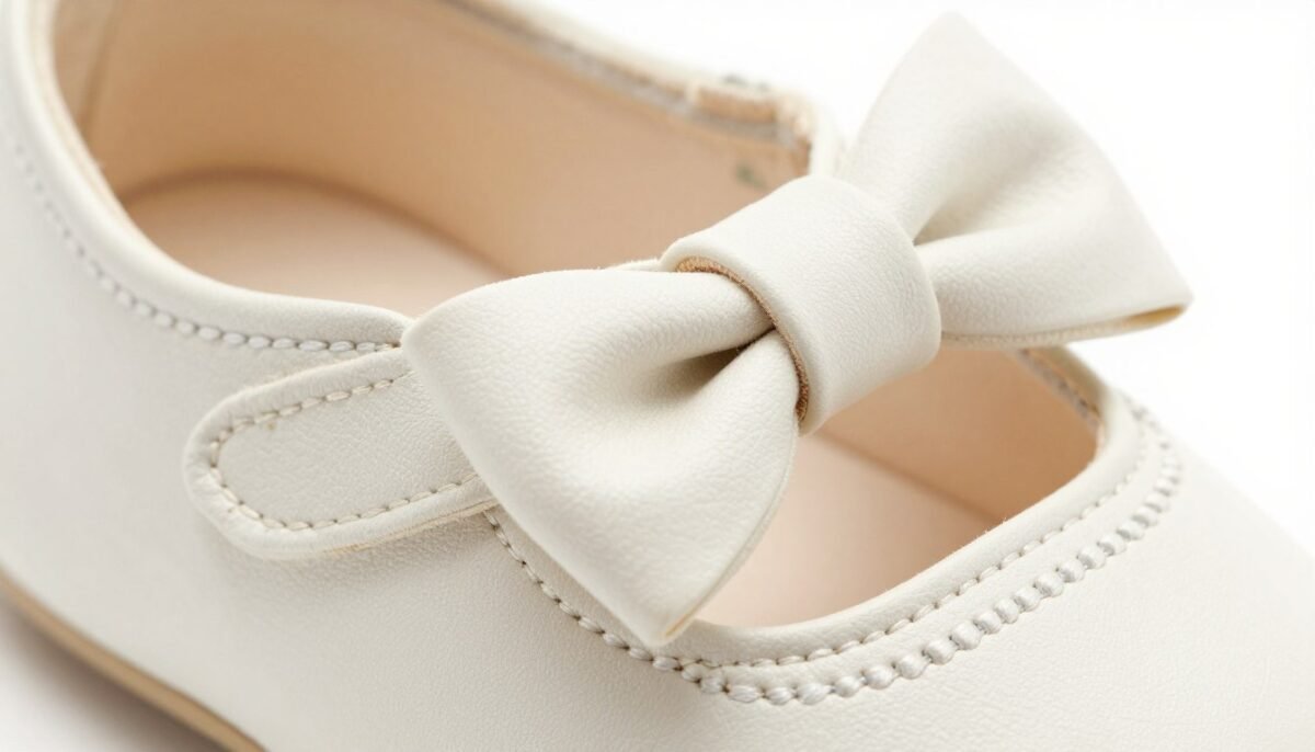 Close-up details of baby mary jane shoes showing bow pattern elements