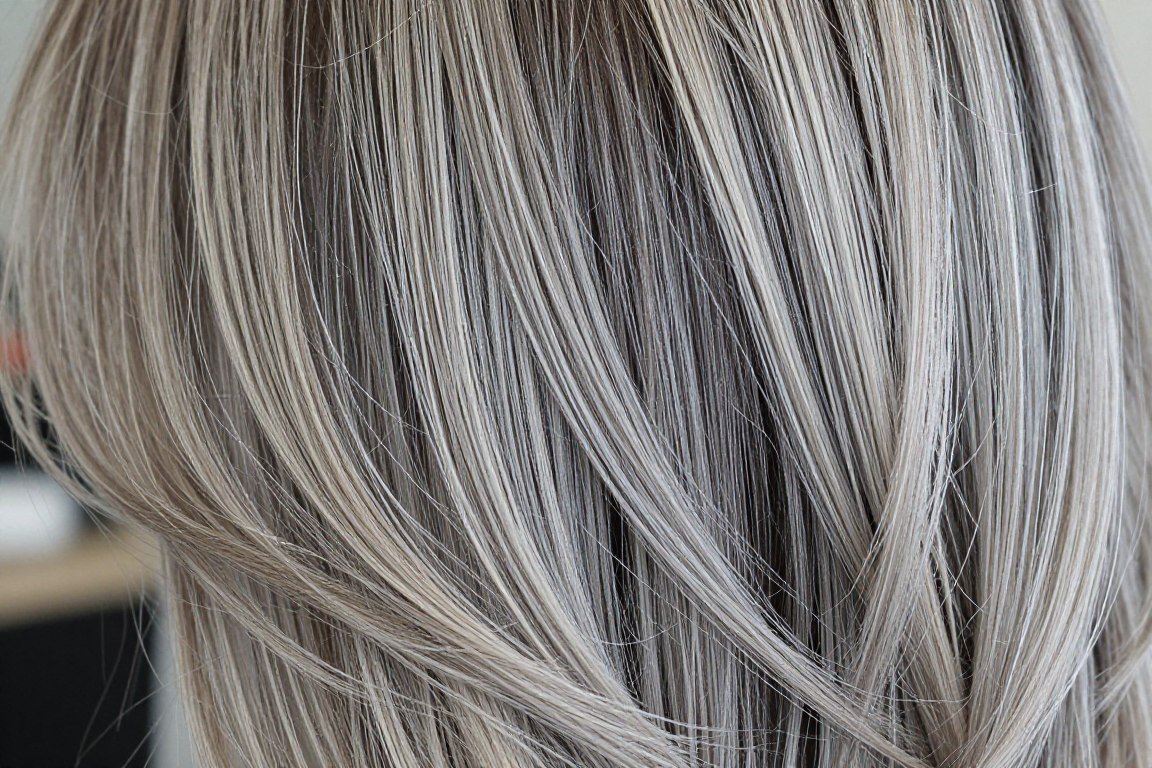 Close-up of ash blonde balayage showing cool silver highlights on dark roots