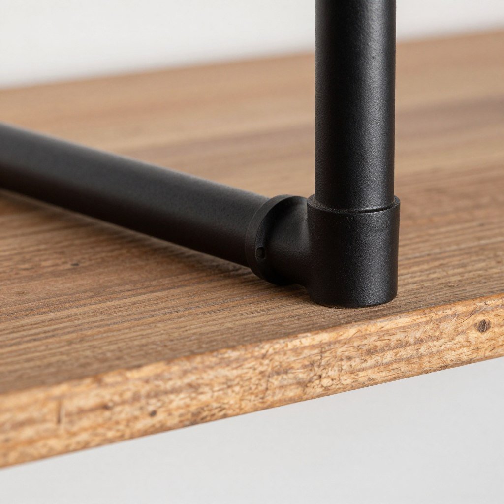 Close-up of black pipe shelf bracket and wood connection