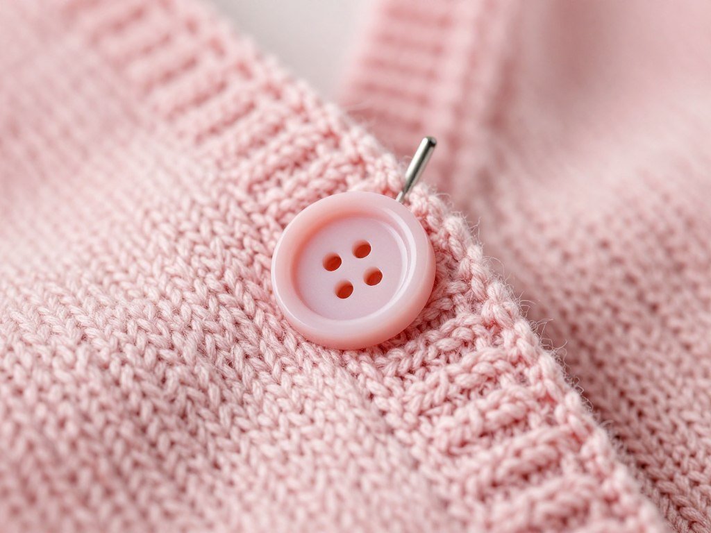 Close-up of button stitch technique on baby cardigan edge