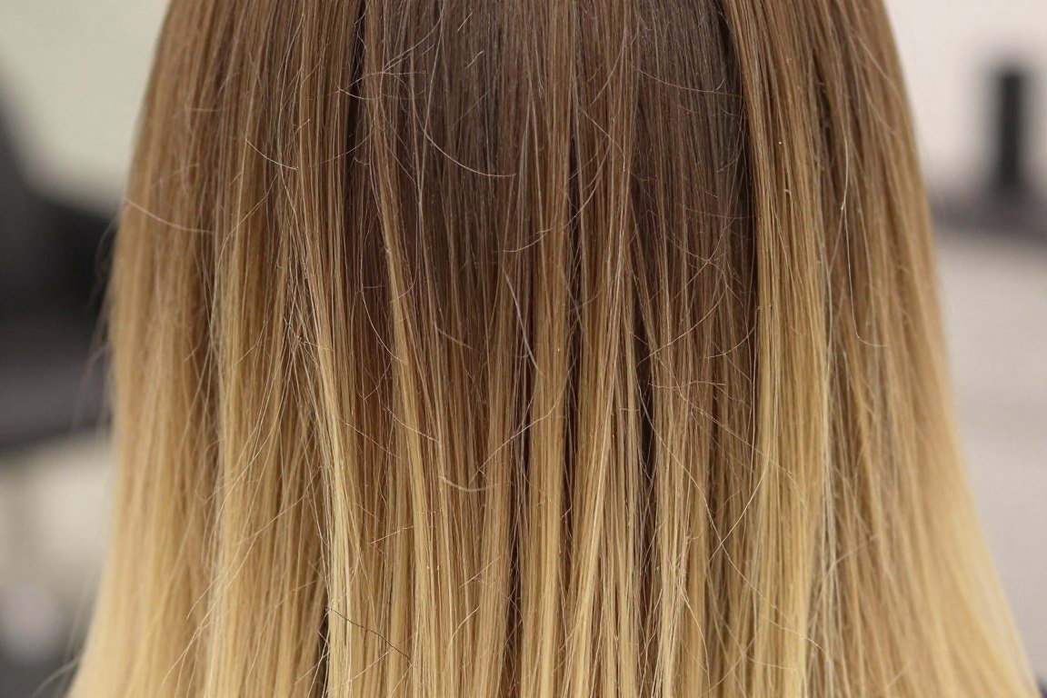 Close-up of classic balayage hair showing blend between dark brown roots and blonde ends