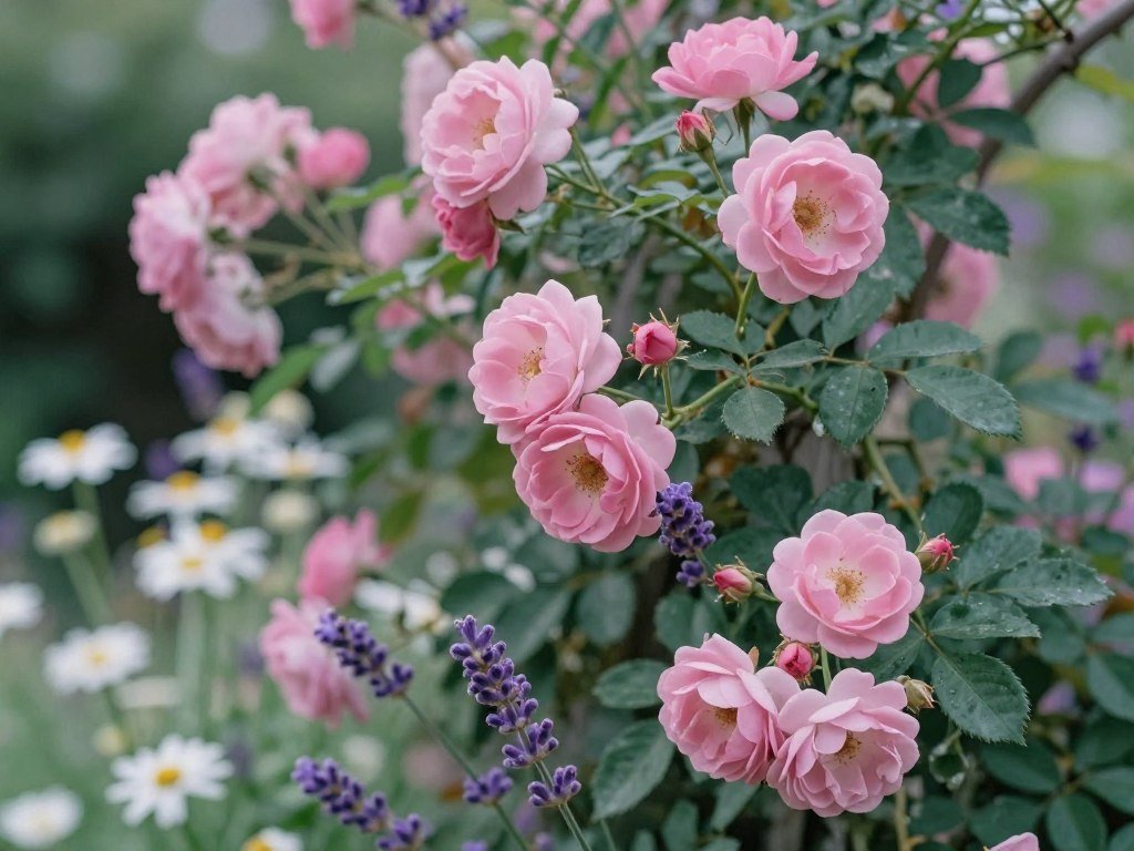 Close-up of cottage garden rose and lavender combination