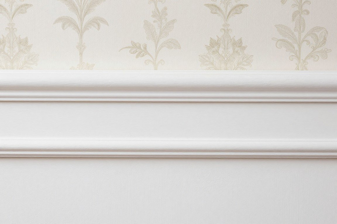 Close-up of dado rail detail showing clean separation between wallpaper and paint