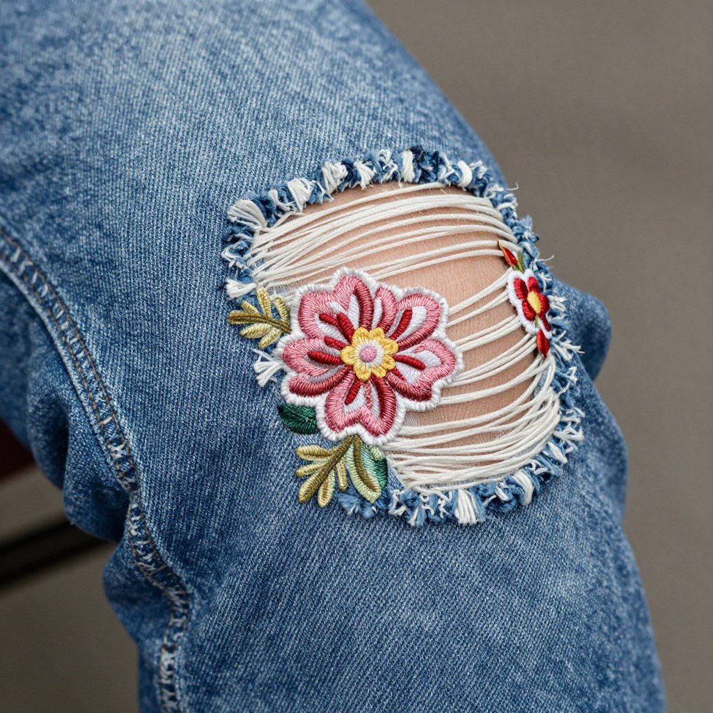 Close-up of decorative denim appliqué patch on jeans