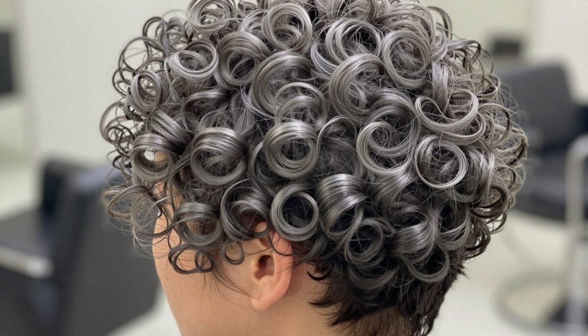 Close-up of defined gray curls in short pixie cut
