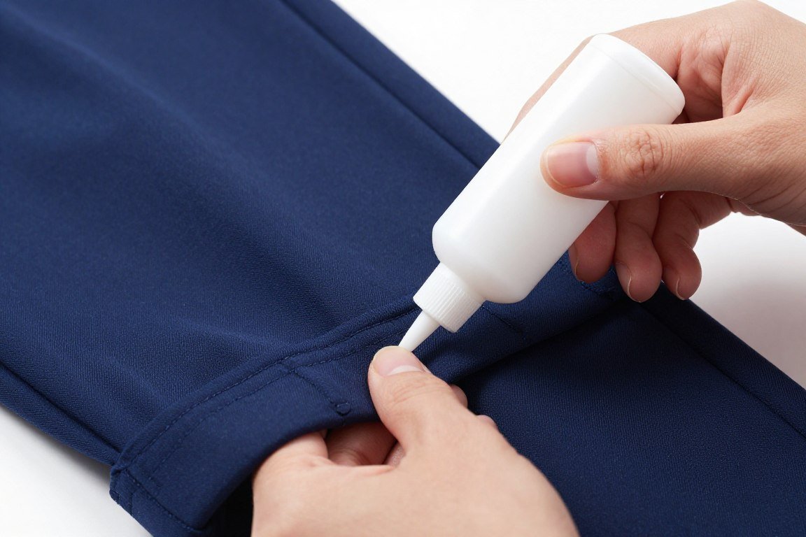 Close-up of fabric glue being applied to pant hem