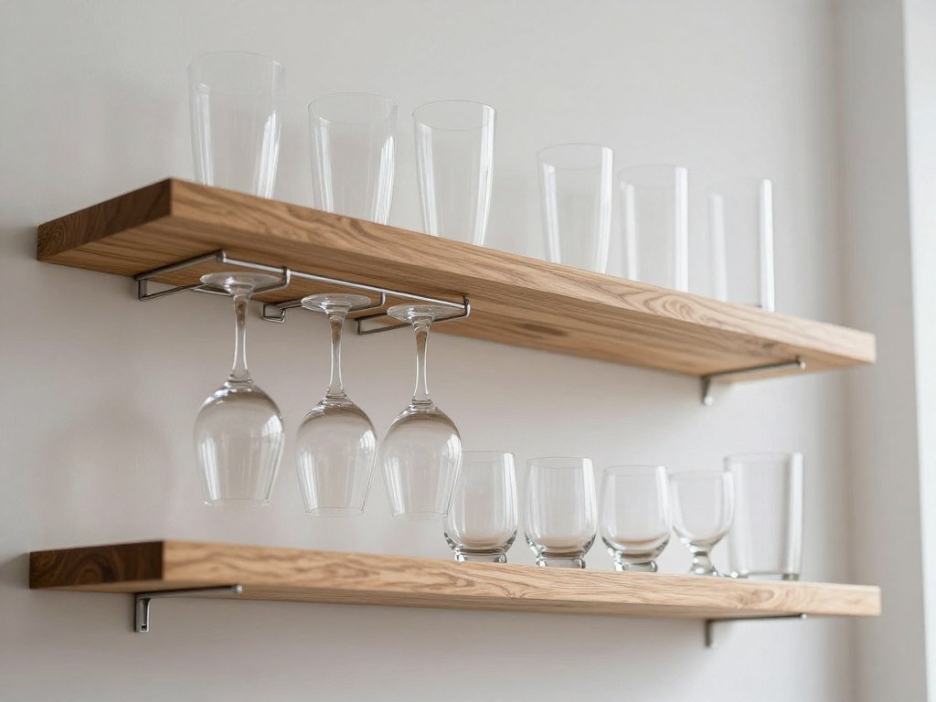 Close-up of floating shelves with organized bar glassware