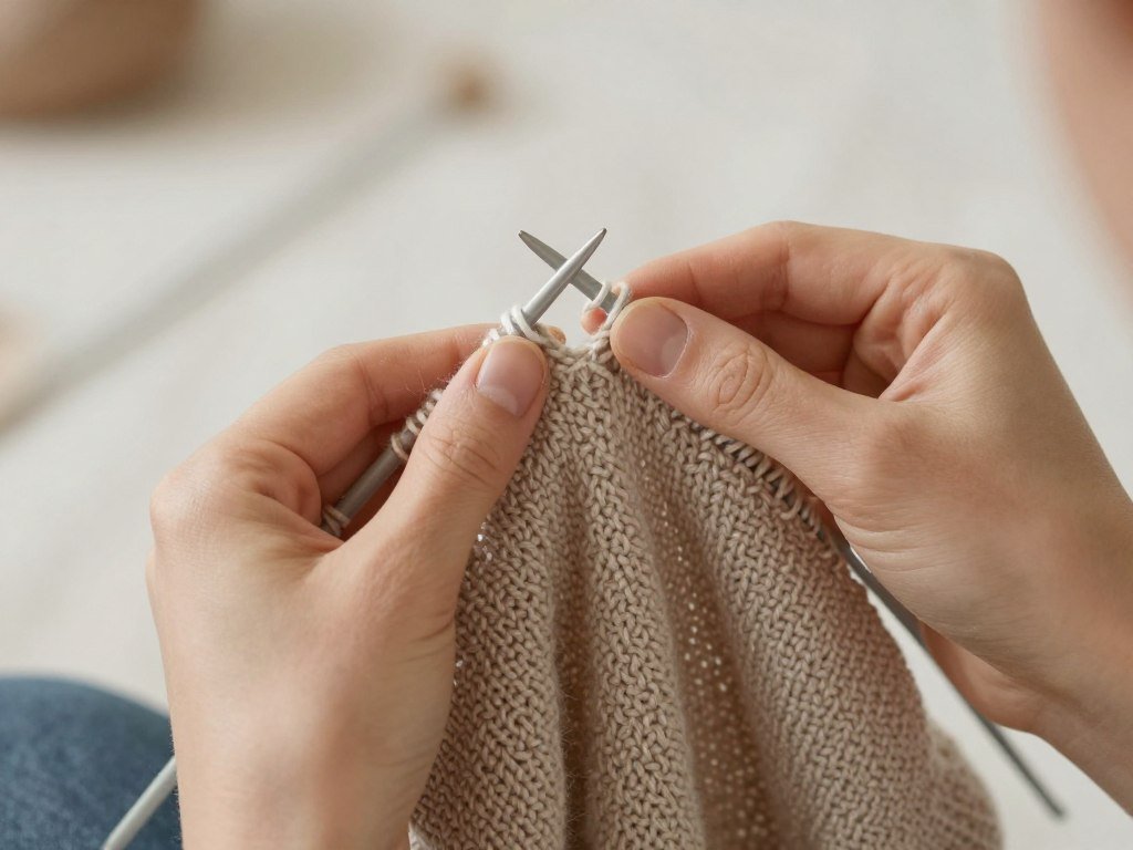 Close-up of hands using circular knitting needles working on Yngrid Cardigan project