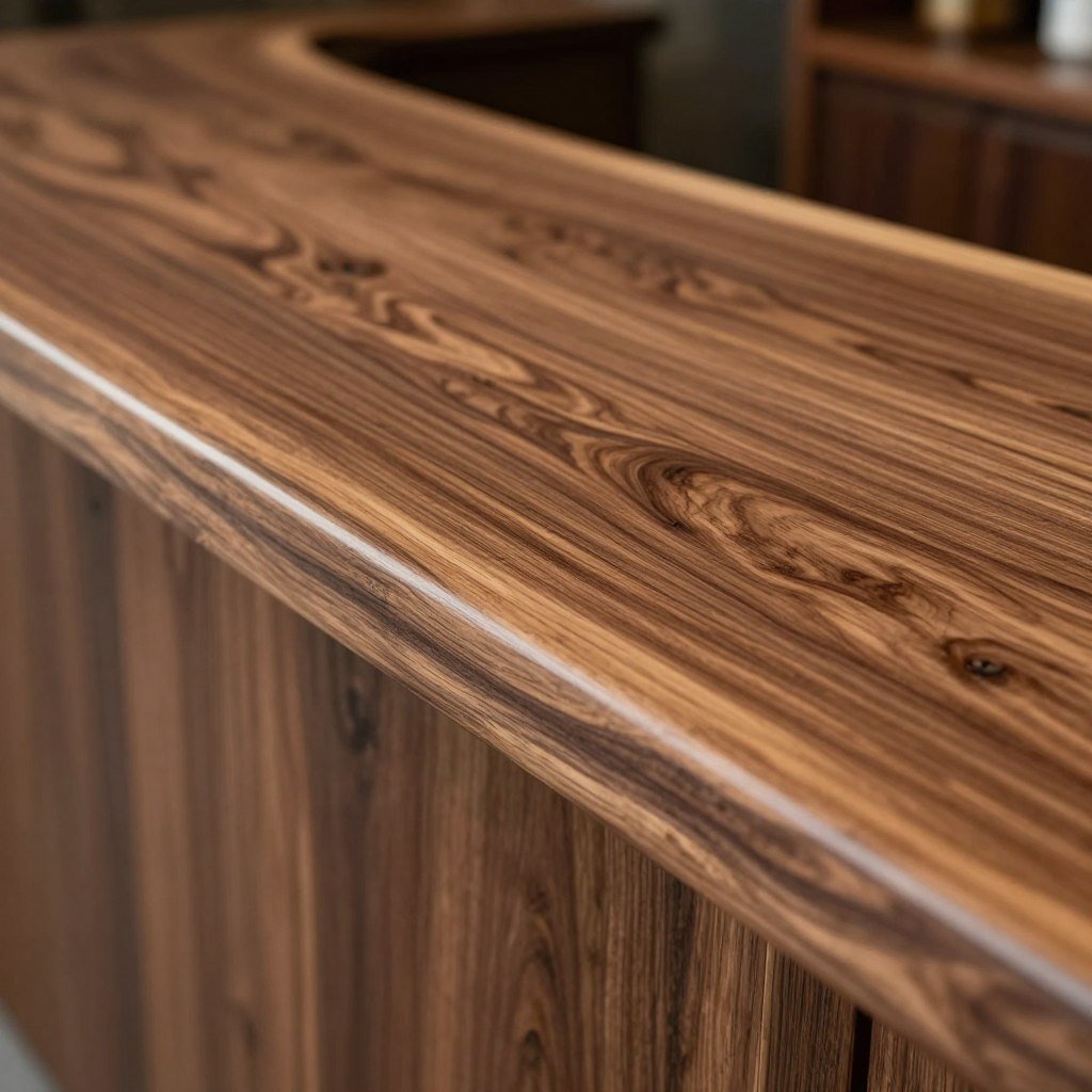 Close-up of live edge wood bar counter showing natural grain