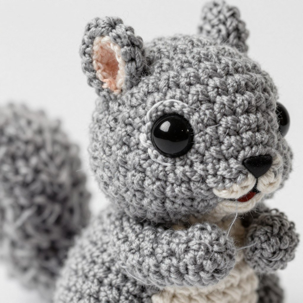 Close-up of loop stitch fur texture on crochet squirrel
