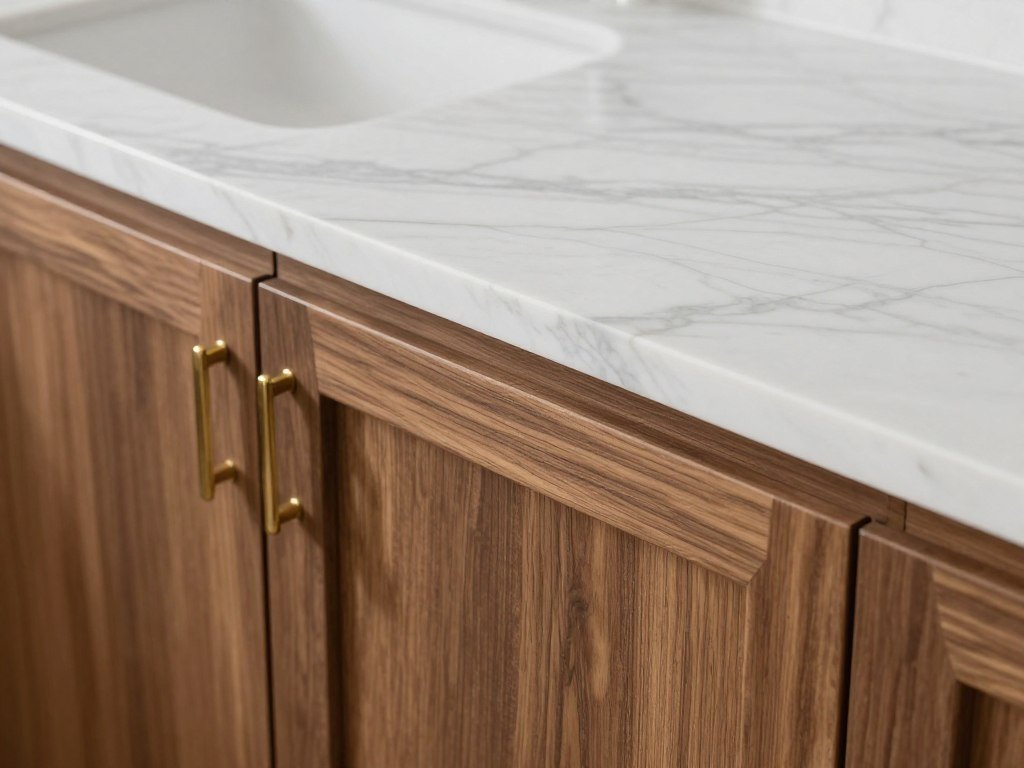 Close-up of marble countertop texture with natural wood cabinetry
