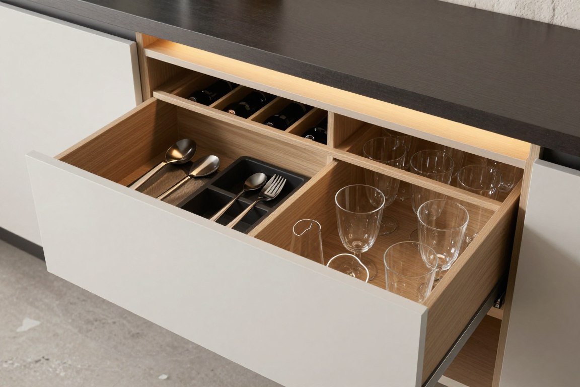 Close-up of minimalist bar cabinet storage solutions for built-in bar ideas