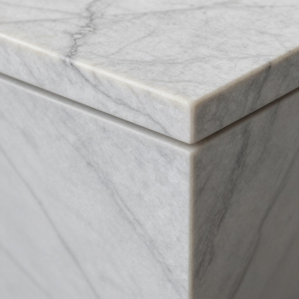 Close-up of mitered marble corner showing veining flow
