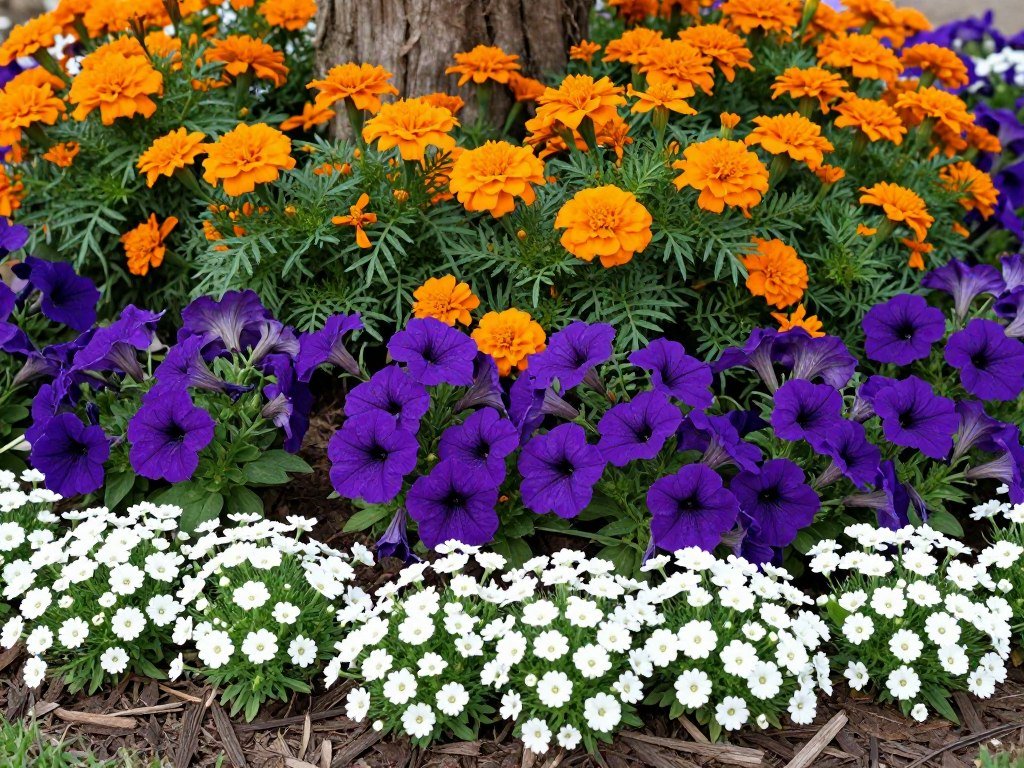 Close-up of mixed border plantings with marigolds and petunias