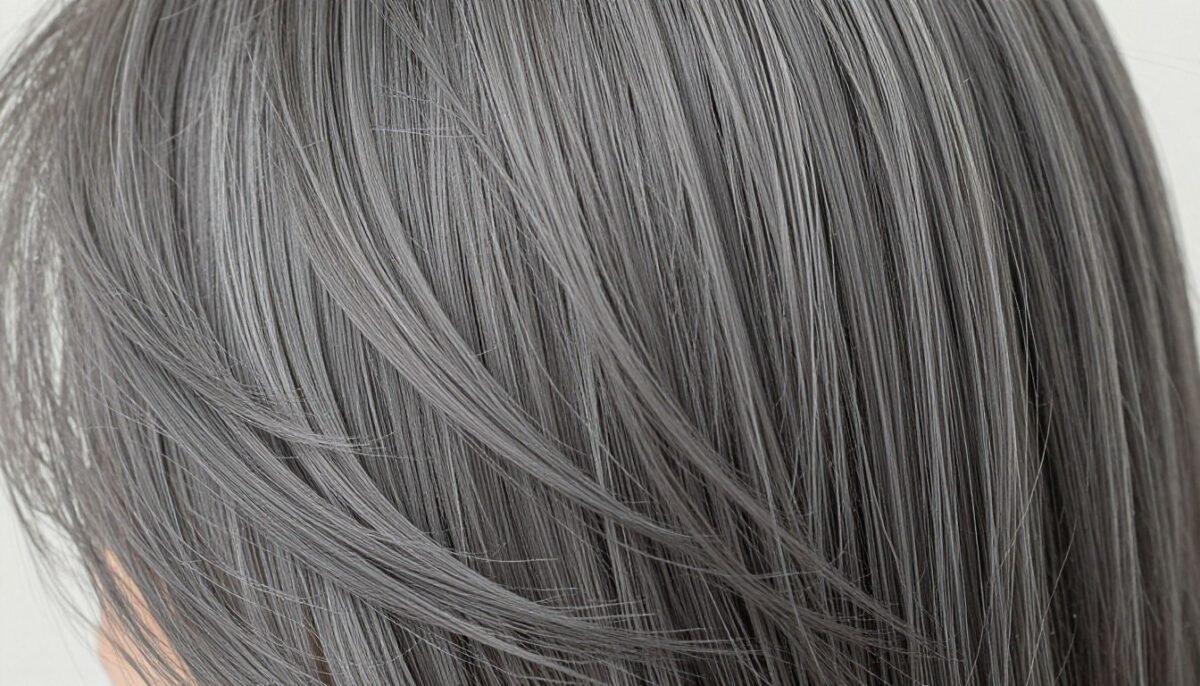 Close-up of natural gray hair texture showing silver tones and healthy shine