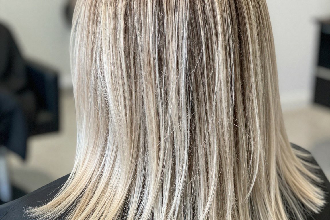 Close-up of platinum blonde balayage ends blending into dark brown hair