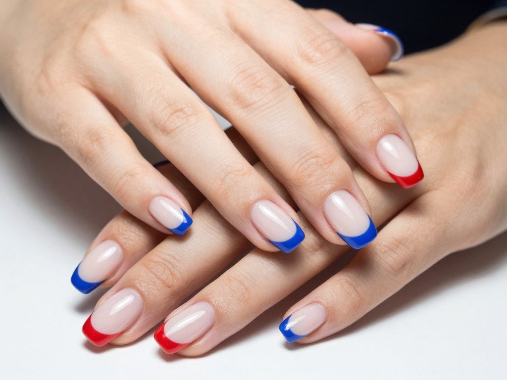 Close-up of red white and blue French tips July nails manicure on elegant hands