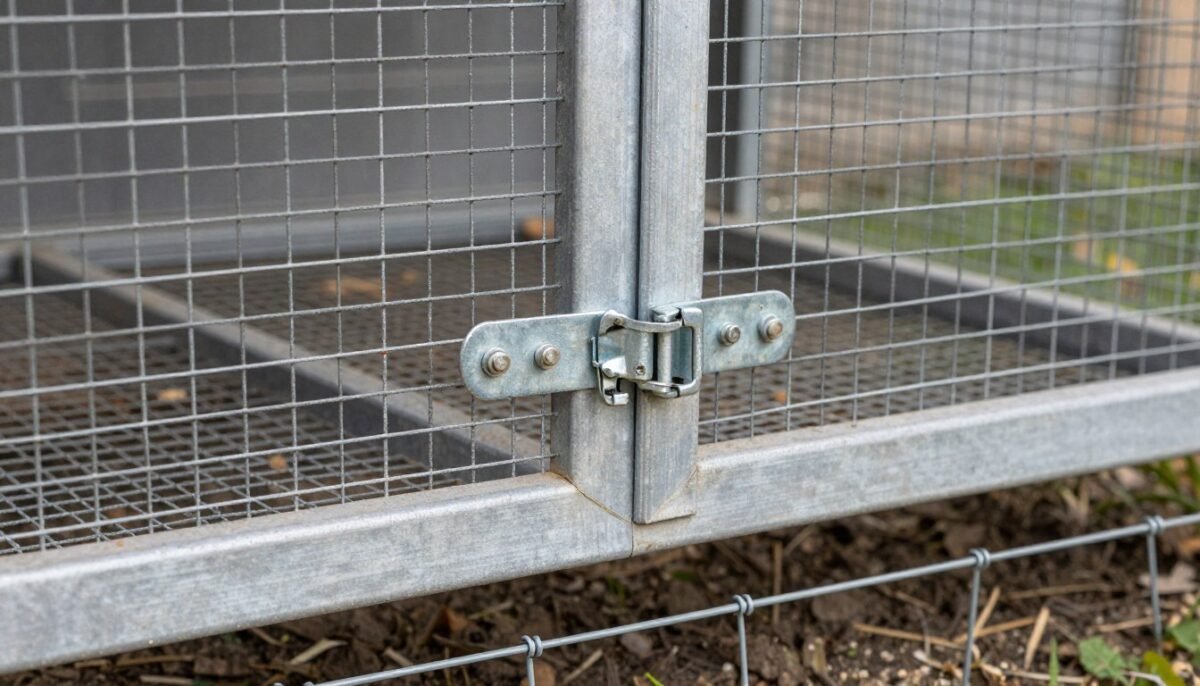 Close-up of secure chicken coop hardware cloth and latches
