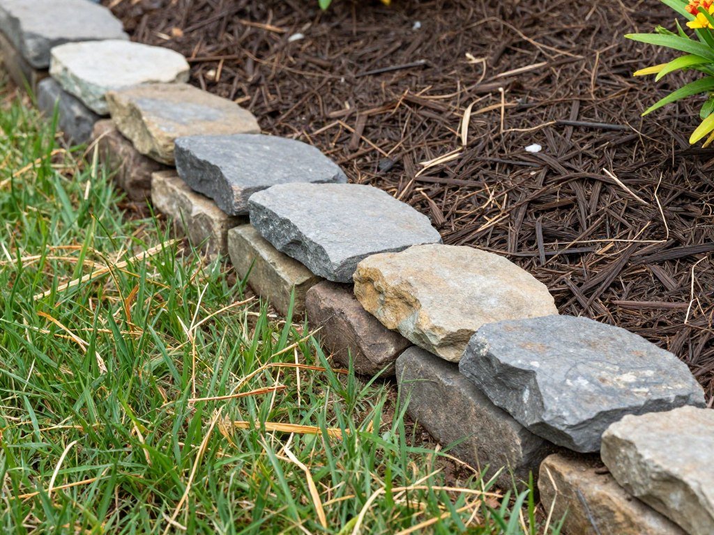 Close-up of stone edging installation