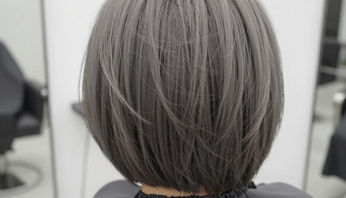 Close-up of textured bob showing choppy layers in gray hair