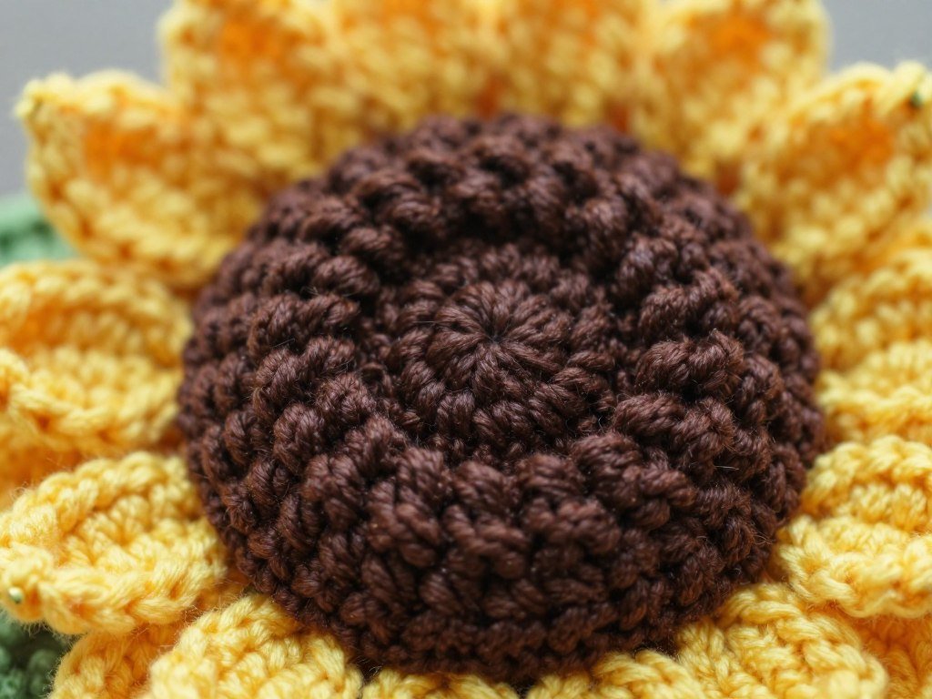 Close-up of textured sunflower center showing dimensional stitches