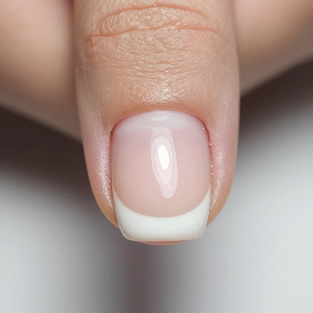 Close-up of traditional French manicure technique on short nails